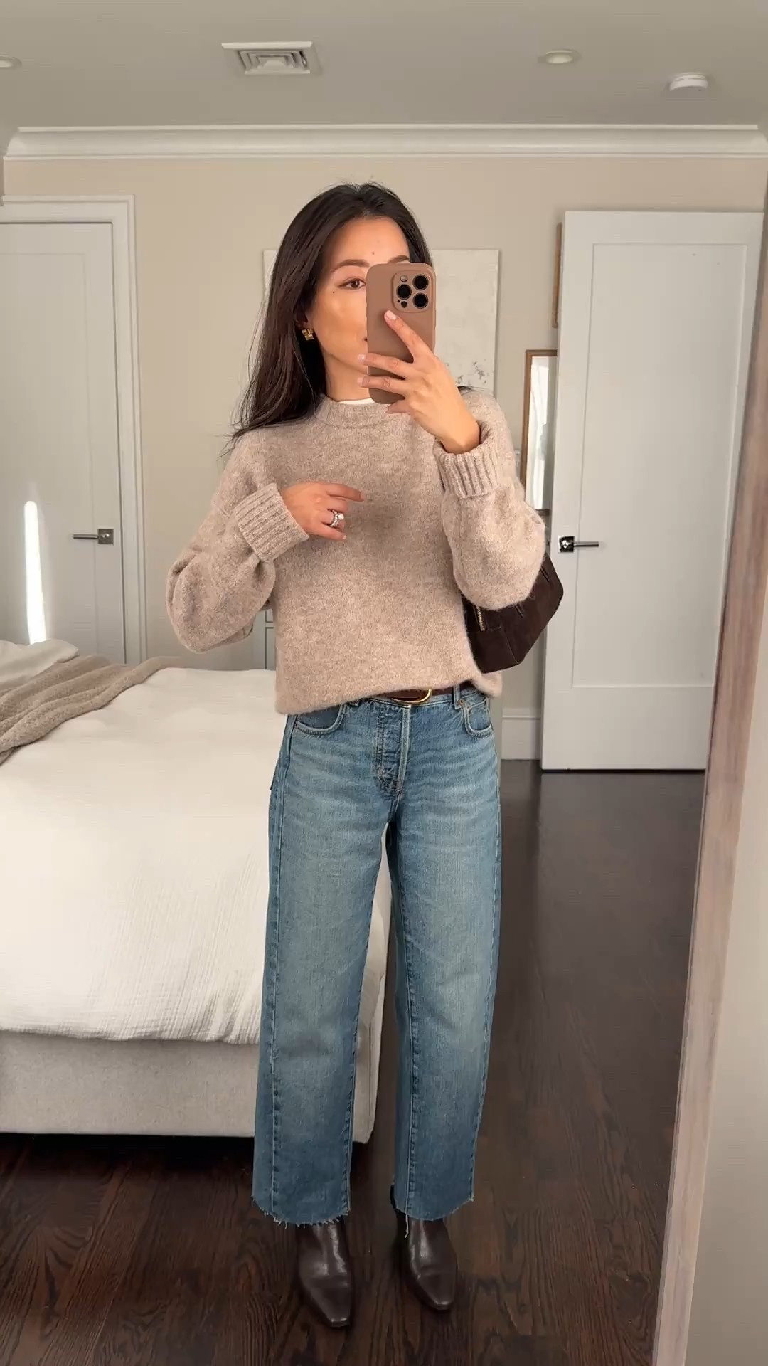 Extra 50% off jeans & this sweater left in just a few sizes and colors 

• “Cloudsoft” collection sweaters is so cozy! This is XXs and a relaxed fit , warm weight. Exact color selling quick but just arrived in chocolate brown 

• Pieced barrel jeans 24 petite, these are a relaxed fit and looser at waist on me, you could possibly size down if between sizes and Petites could get regular sizing in the jeans. 

I uncuffed and cut the hems shorter for more versatility to wear with flats and sneakers 

• dimes boot 5.5 runs a little narrow across toes, go up if between sizes 

• also love this outfit with Sam Edelman loafers 5.5 my favorites with no breaking in needed 

• Everlane tee Xs size up great basic I wear it backwards under sweaters so the white collar peeks through 

• suede shoulder bag has a sleek baguette shape and rich suede color. Comes with a detachable charm

#LTKPetite #LTKSaleAlert #LTKootd