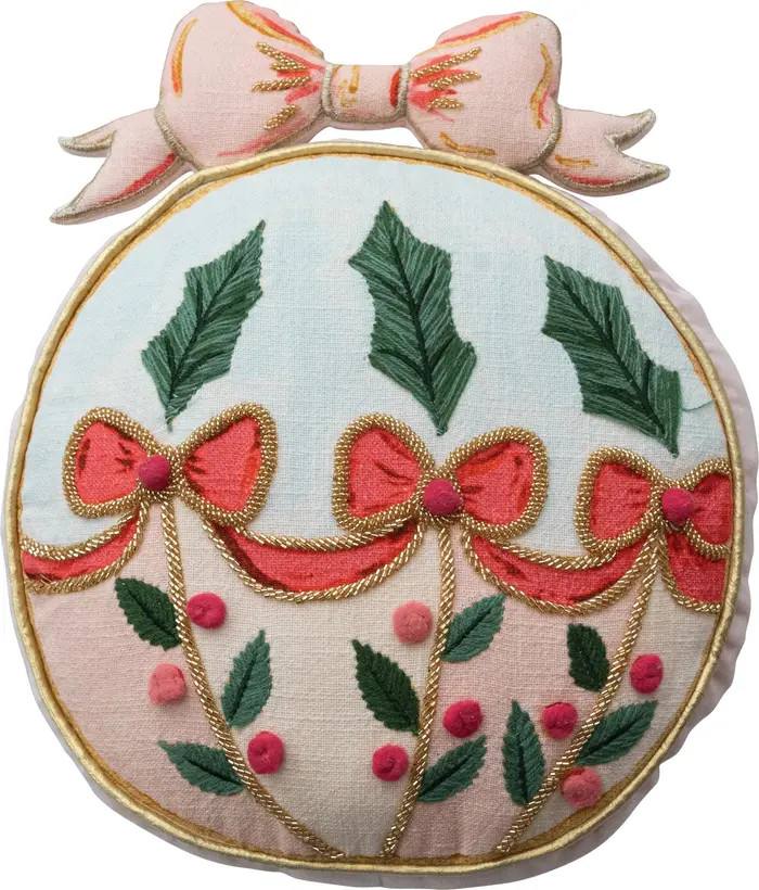 Slub Printed Ornament Shaped Pillow with Embroidery, Pom Poms, Holly, Bows, Beads, and Velvet Bac... | Nordstrom