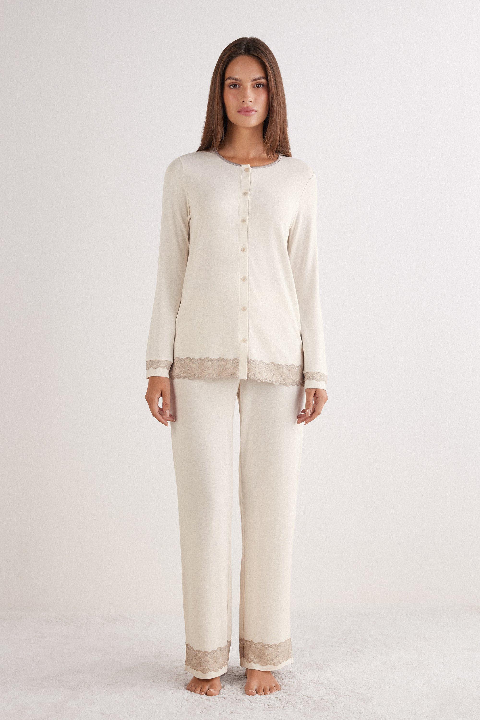 Lace Trim Button Up Full Length Pajamas in Modal - Intimissimi | Intimissimi (US)