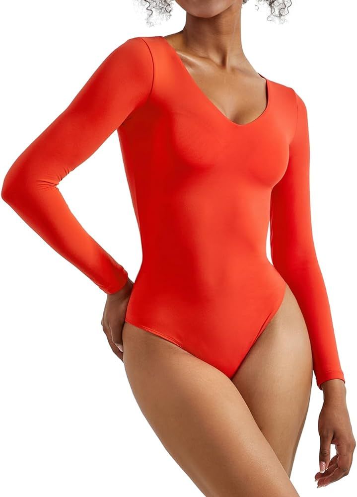 SUUKSESS Women V Neck Long Sleeve Bodysuit Sexy Thong Bodysuit Shirts | Amazon (US)