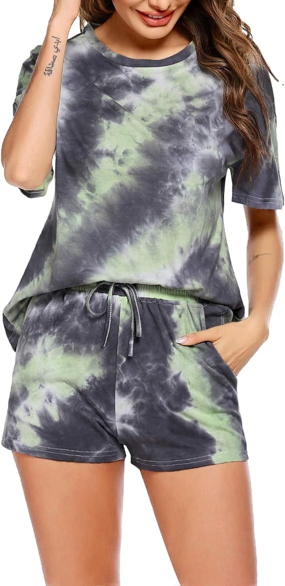 Hotouch Womens Tie Dye Printed Pajamas Set Cotton Lounge Sets Short Sleeve Tops and Shorts 2 Piec... | Amazon (US)