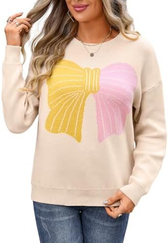 Women Cute Christmas Bow Sweater Holiday, Crewneck Long Sleeve Knit Soft Cozy Sweater,Fall Winter... | Amazon (US)