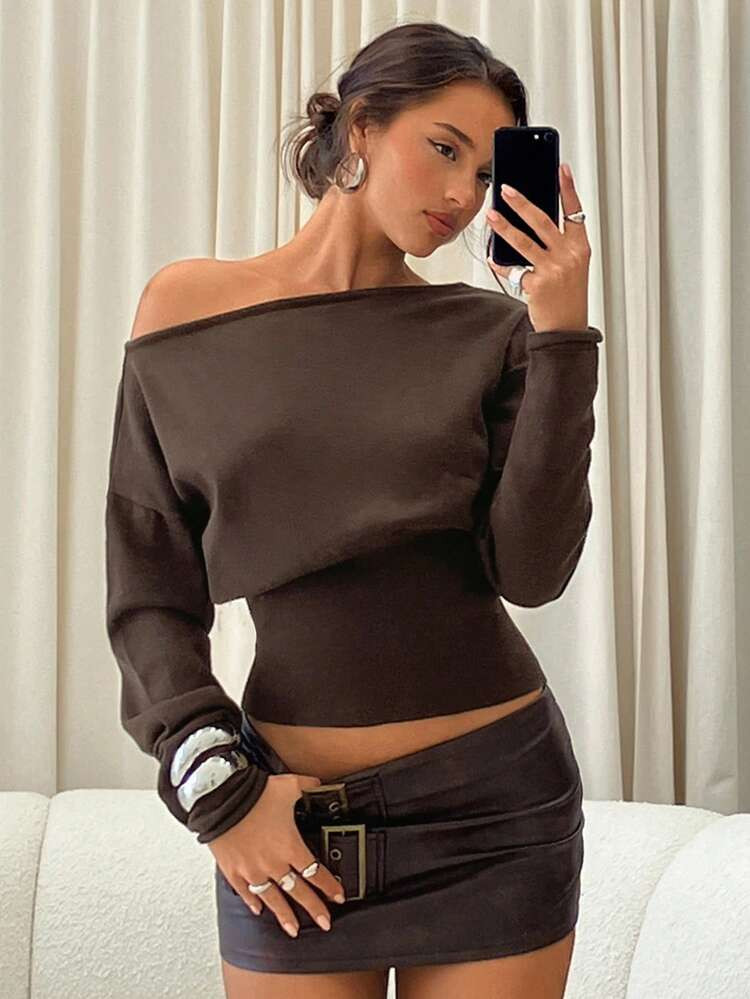 Aloruh Women's Autumn/Winter Exposed Shoulder Off Shoulder Long Sleeve Tight Ribbed Brown Sweater | SHEIN