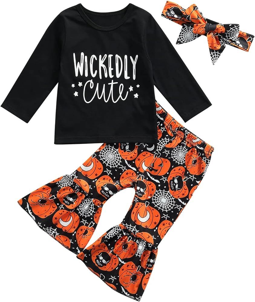 1-6T Toddler Girl Halloween Clothes Set Plaid Pumpkin T-Shirts Tees Pullover Shirts Tops+Flare Pants | Amazon (US)