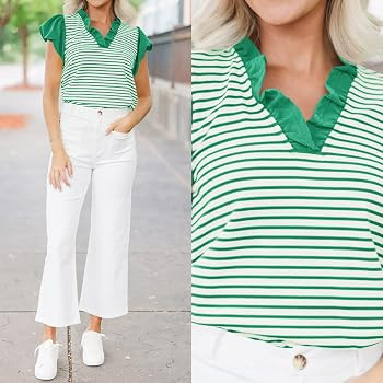 Tankaneo Womens Ruffle Cap Sleeve Tank Tops Cute Summer Striped Shirts Puff Sleeve Pleated V Neck... | Amazon (US)