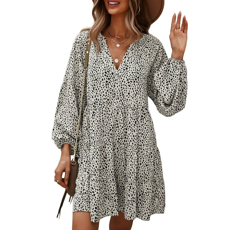 SHIBEVER Fall Long Sleeve Leopard Floral Tunic Dress for Women Boho V Neck Ruffle Swing Mini Dres... | Walmart (US)