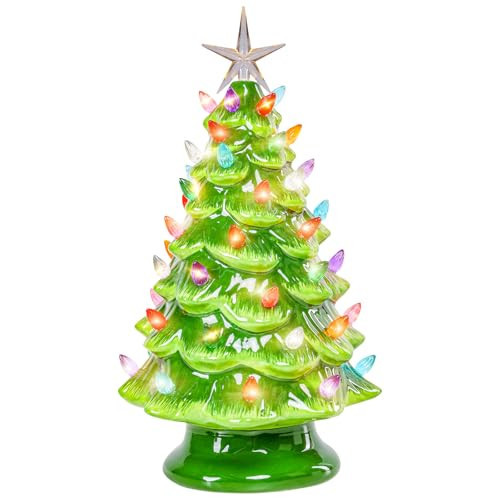 Bdor 12" Lighted Ceramic Christmas Tree with Multicolor Bulbs – Battery Operated Tabletop Holiday Decoration with Glittered Snow Branches – Classic Vintage Style for Christmas Indoor Décor | Amazon (US)