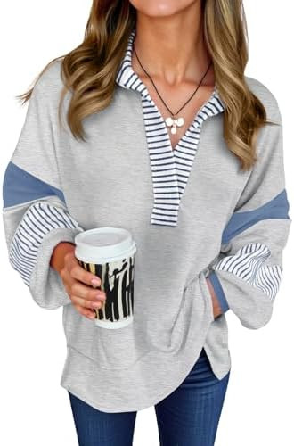 Fisoew Womens Color Block Oversized Sweatshirt Polo V Neck Long Sleeve Shirts Casual Loose Pullov... | Amazon (US)