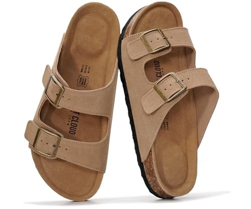 Project Cloud 100% Genuine Leather Flat Sandals For Women 2026 Cork Footbed Womens Sandals with Memory Foam and arch support Vacation Essentials Slides for Women Footwear (Venita, Chestnut, 5.5) | Amazon (US)