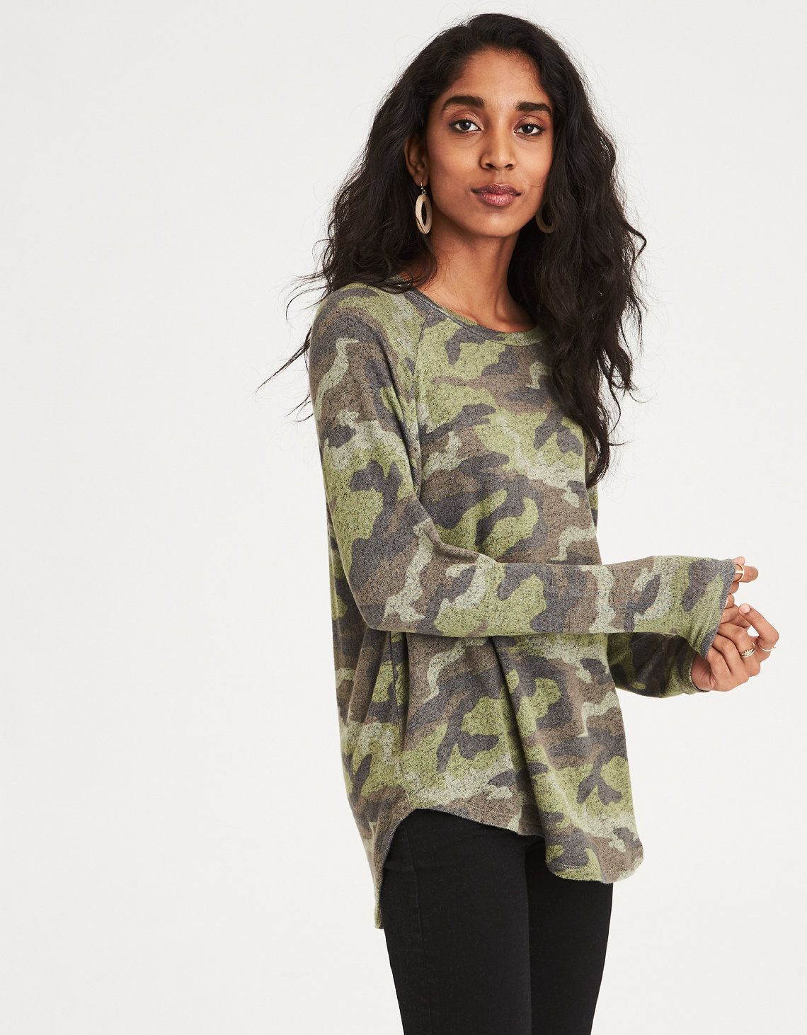 AE Soft & Sexy Plush Classic Crew Neck, Camo Green | American Eagle Outfitters (US & CA)