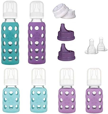 Lifefactory Baby 6 Bottle Starter Set in Mint/Lavender and in Kale/Grape Flat & Sippy Caps Stage 3 N | Amazon (US)