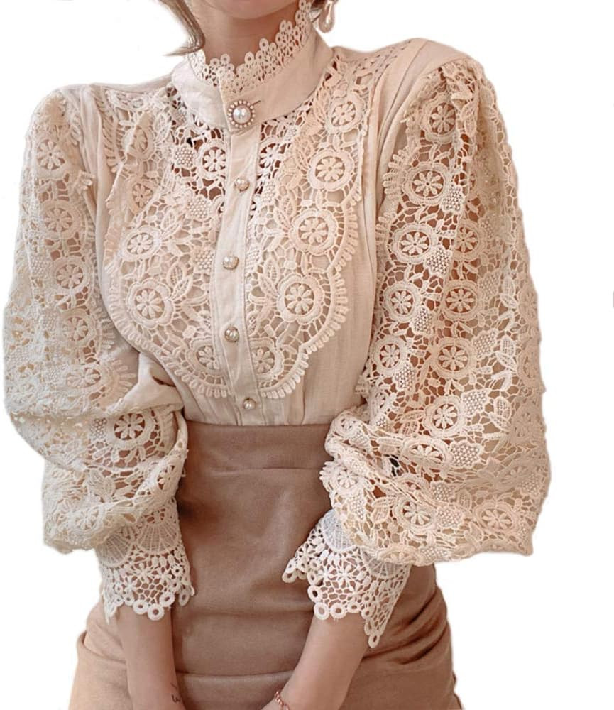Women’s Elegant Lace Trim Shirts Casual Victorian Blouse Long Sleeve Button Down Tops | Amazon (US)