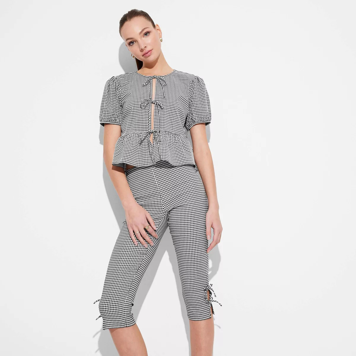 Women's Puff Sleeve Tie-Front Peplum Blouse - Wild Fable™ Black Gingham XS | Target