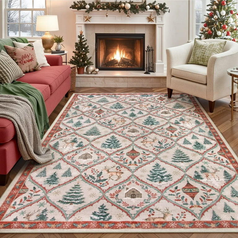 Moynesa 5'x7' Christmas Area Rug for Living Room, Beige Rug Xmas Tree Modern Rug Kitchen Rug Wash... | Walmart (US)