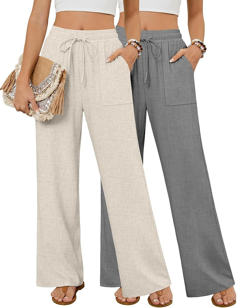 Neer 2 Pack Women's Linen Long Pants, Summer Drawstring Elastic Waist Flowy Straight Pant Casual ... | Amazon (US)