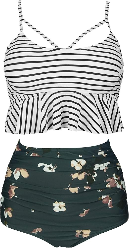 COCOSHIP Women's Retro Boho Flounce Falbala High Waist Bikini Set Chic Swimsuit(FBA) | Amazon (US)