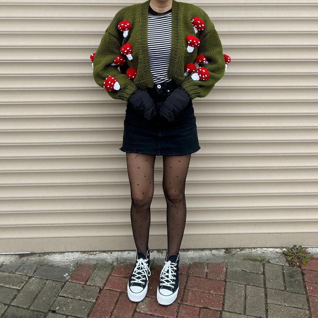 Mushroom Pattern Cardigan For Women | Cottagecore Sweater | Hand-Knitted Crop Top,Crop Crochet Ja... | Etsy (US)