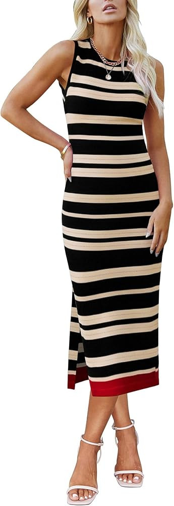 Zeagoo Womens Bodycon Midi Dresses Summer Casual Sleeveless Dress Women Knit Side Slit Striped 20... | Amazon (US)