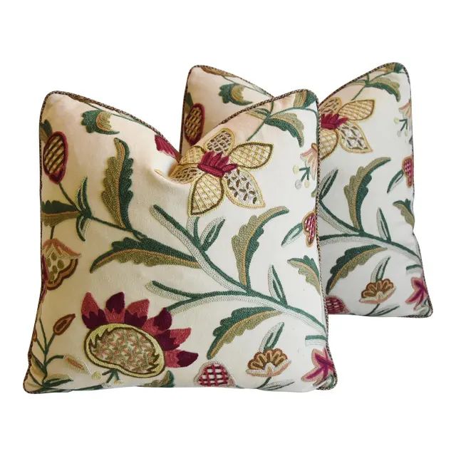 Schumacher Crewel Floral & Scalamandre Mohair Feather/Down Pillows - Pair | Chairish