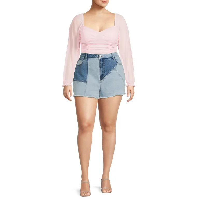 Madden NYC Juniors' Plus Size Two Tone Denim Block Mom Shorts | Walmart (US)