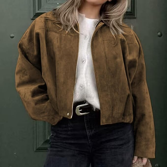 Xunger Women's Faux Suede Bomber Jacket Spring Lapel Pilot Coat Casual Oversized Long Sleeves Tre... | Amazon (US)