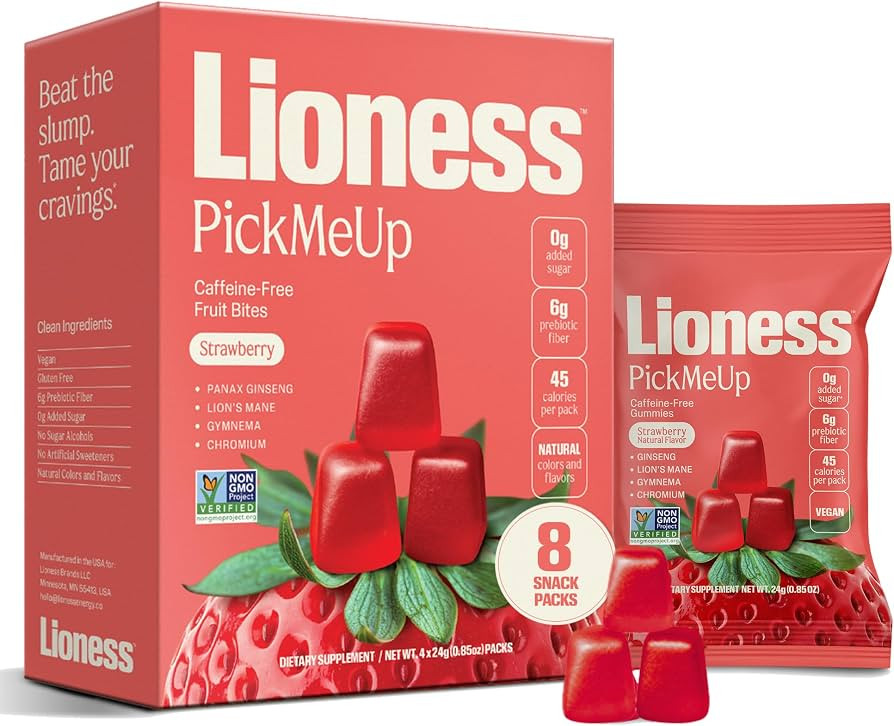 Lioness Strawberry Snack Gummies, Caffeine Free, Pick Me Up, 8 Servings | Amazon (US)