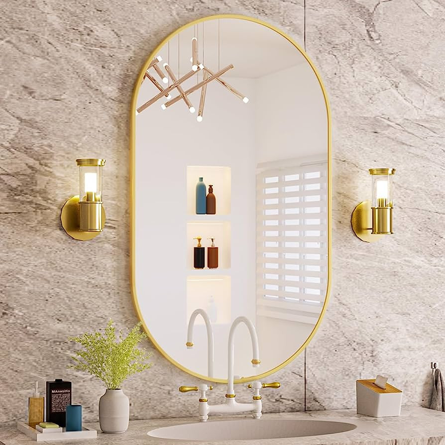 BEAUTYPEAK Wall Mounted Mirror, 22"x38" Oval Bathroom Mirror, Gold Vanity Wall Mirror w/Metal Fra... | Amazon (US)