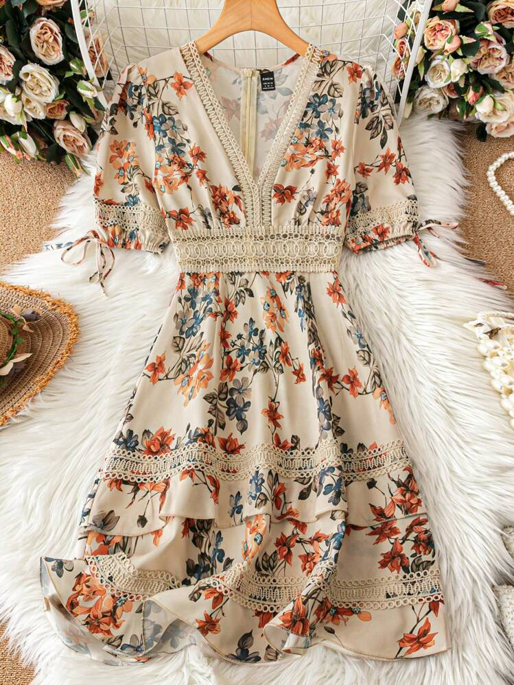 SHEIN Holidaya Women Floral Print Patchwork Lace Trim Casual Vacation Dress | SHEIN