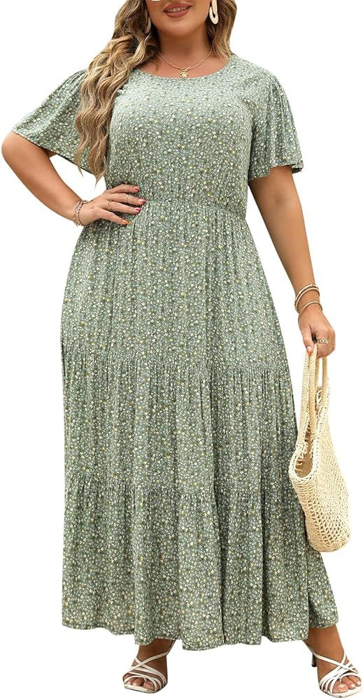 Nemidor Womens Plus Size Boho Ditsy Floral Print Casual Layered Flared Maxi Dress with Pocket NEM... | Amazon (US)
