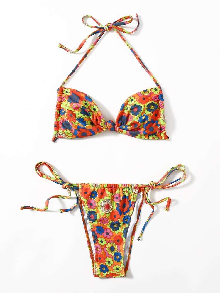 Floral Knot Detail Halter Thong Bikini Swimsuit | SHEIN