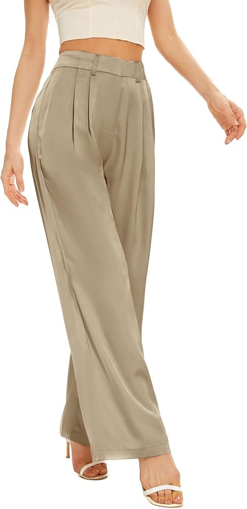 FUNYYZO Women Stain Wide Leg Pants High Elastic Waisted Casual Business Work Trousers Long Straig... | Amazon (US)