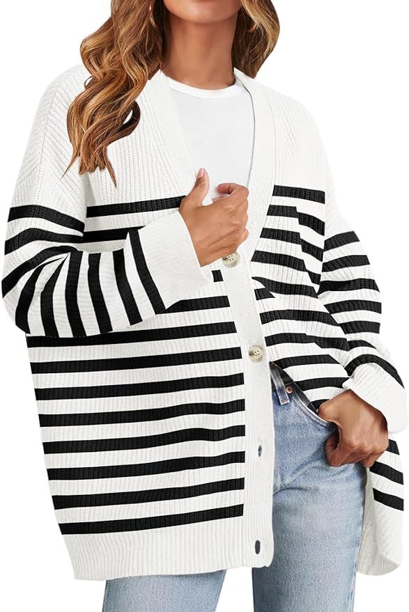 MEROKEETY Women's Oversized Striped Cardigan Sweaters 2024 Open Front Button V Neck Knit Outerwea... | Amazon (US)