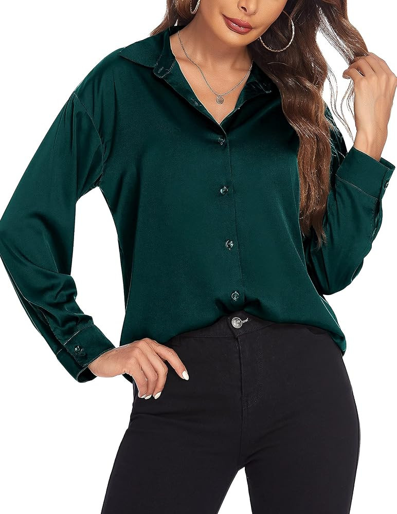 Chigant Women's Blouse Satin Silk Shirts Button Down Shirts Casual Loose Long Sleeve Office Work Tun | Amazon (US)