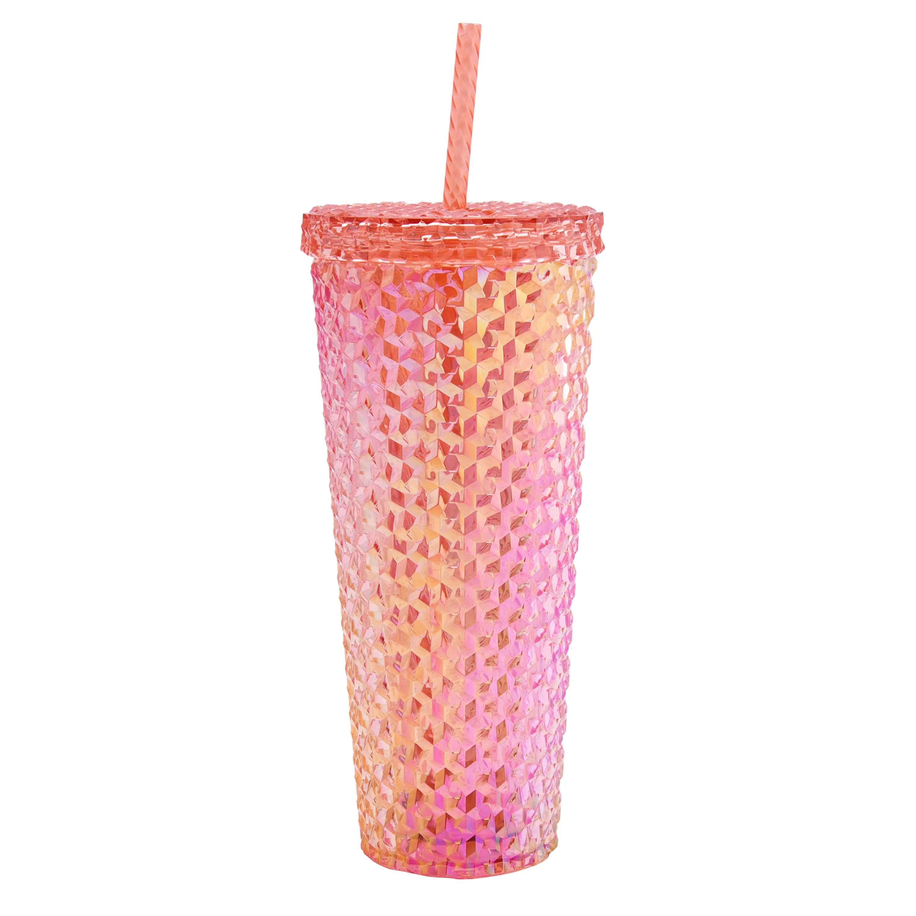 Mainstays 26-Ounce Acrylic Iridescent Textured Tumbler with Straw, Coral | Walmart (US)