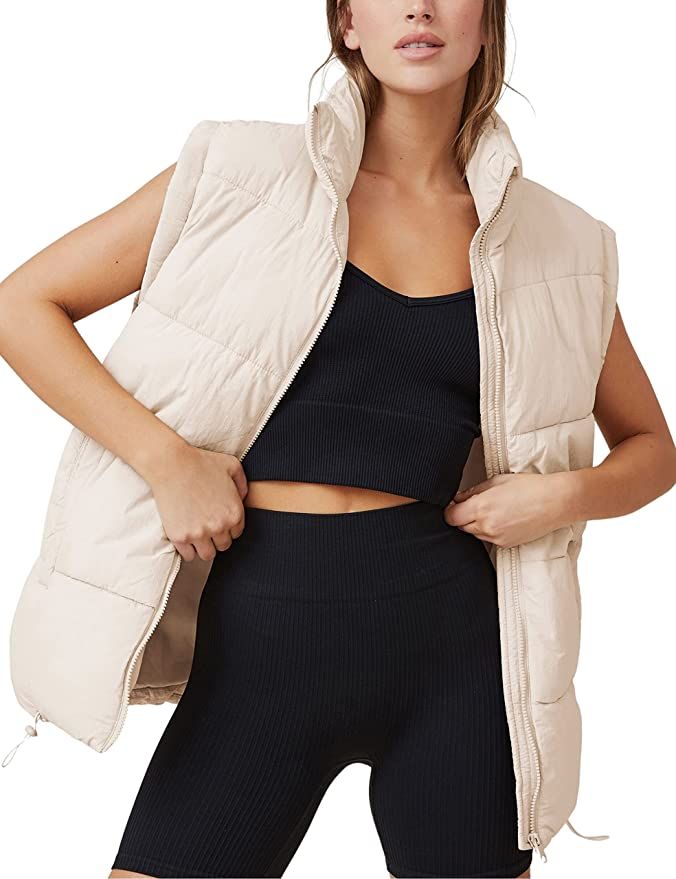 Athlisan Womens Puffer Vest Zip Up Stand Collar Sleeveless Padded Jacket Coat(Apricot-S) at Amazo... | Amazon (US)