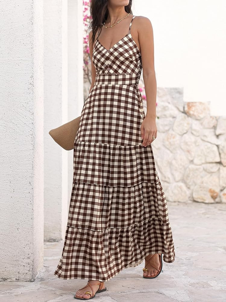 Caracilia Summer Maxi Dresses for Women Spaghetti Strap Back Smocked A Line V Neck Casual Long Dr... | Amazon (US)