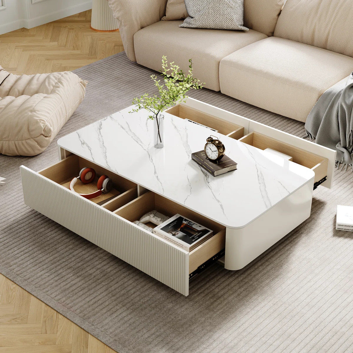 52'' Modern Rectangular Coffee Table With Faux Marble Top, 4 Large Drawers And Gold Stainless Ste... | Wayfair North America