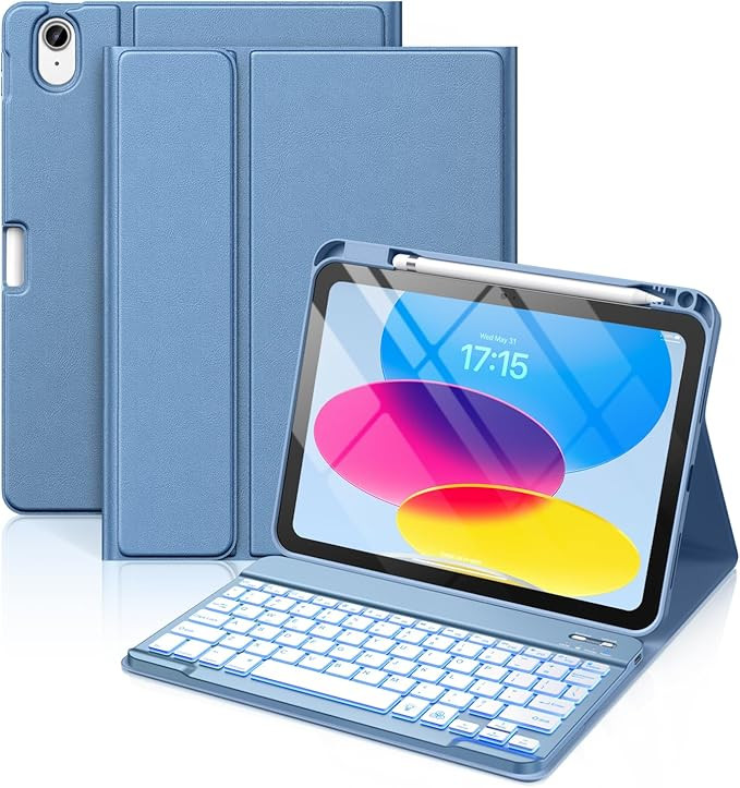 Hamile for iPad 10th Generation Case with Keyboard 10.9 Inch - 7 Colors Backlit Wireless Detachable Folio Keyboard Cover with Pencil Holder for New iPad 10th Gen 2022 (Blue) | Amazon (US)