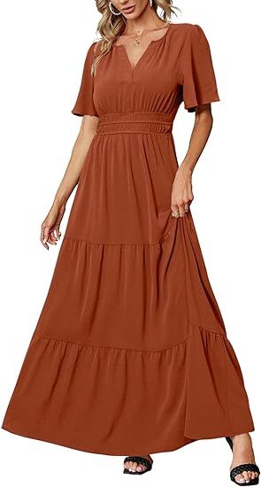 Amegoya Women's Summer Boho Maxi Dresses Casual V Neck Short Sleeve A-line Empire Waist Long Flow... | Amazon (US)