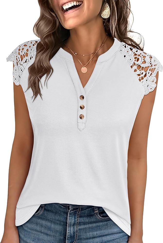 ANRABESS Women's Dressy Casual Tops, Lace Cap Sleeve Button Up Blouses, Sleeveless Henley Shirts,... | Amazon (US)
