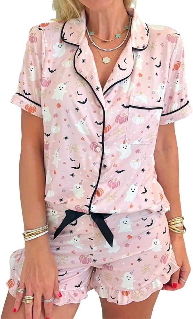 Halloween Women Print Pajama Sets Button Down V-neck Short Sleeve Top Elastic Waist Ruffle Trim S... | Amazon (US)