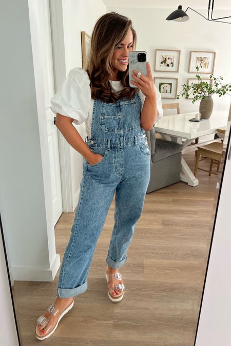 Top: size up one. Runs short. In a medium 
Overalls size down- run big. In a small
Shoes true to size 
#amazonfinds #freepeople

Overalls outfit, denim, puff sleeve, target, 

#LTKFind #LTKstyletip #LTKunder50