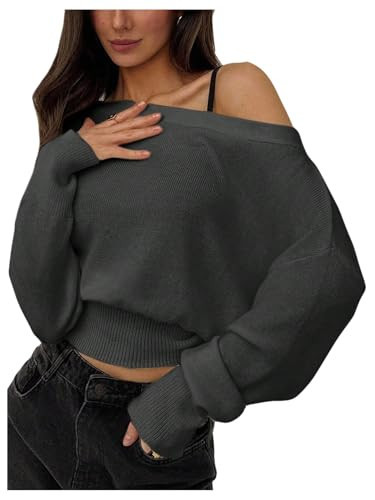 RoseSeek Women's Off The Shoulder Sweater Long Sleeve Knit Pullover Cinched Waist Tops Trendy Fall Outfits Dark Grey Large | Amazon (US)