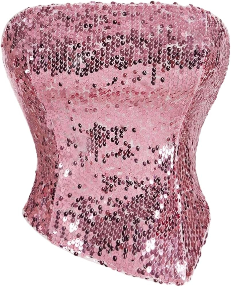 MakeMeChic Women's Sequin Strapless Tube Sparkly Asymmetrical Backless Party Crop Tops | Amazon (US)