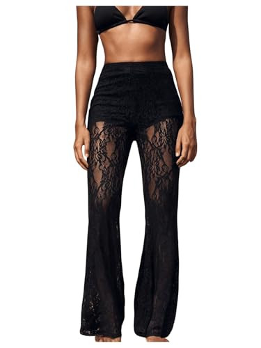 Women's Floral Lace Sheer Mesh Flare Pants Elastic High Waisted Long Trousers | Amazon (US)