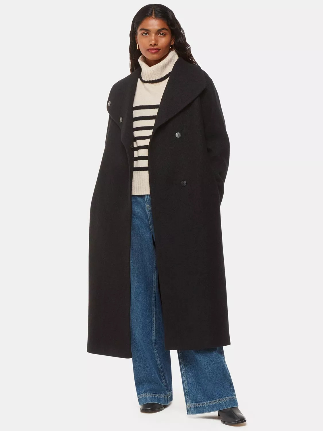Whistles Petite Morgan Funnel Neck Pure Wool Coat, Black | John Lewis (UK)