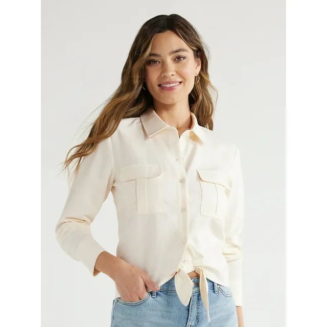 Sofia Jeans Women's and Women's Plus Linen Blend Tie Front Top with Cargo Pockets, Sizes XS-5X | Walmart (US)