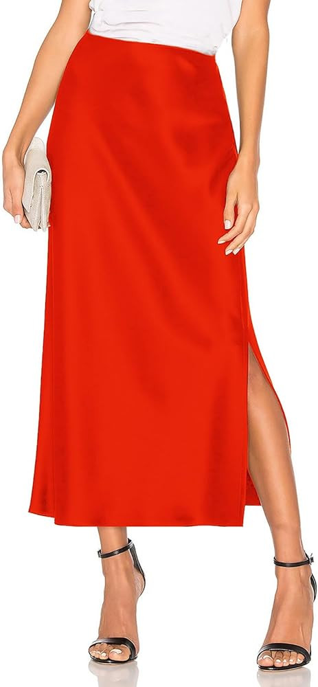 Women's Satin Midi Skirt Dressy Elastic High Waisted Silk Slip Flowy Ruffle Flared Cocktail Party... | Amazon (US)