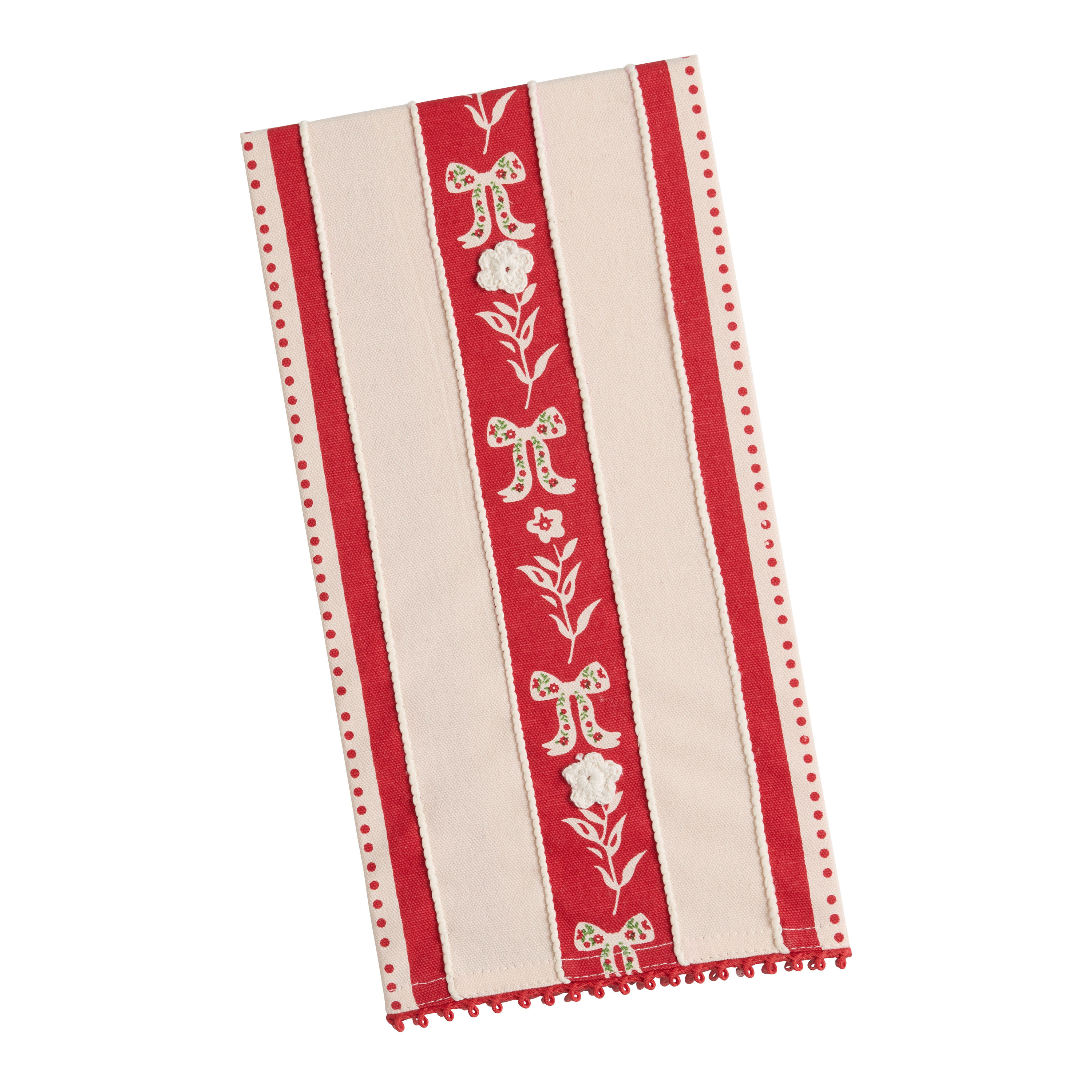 Red and White Bow Stripe Embroidered Kitchen Towel | World Market