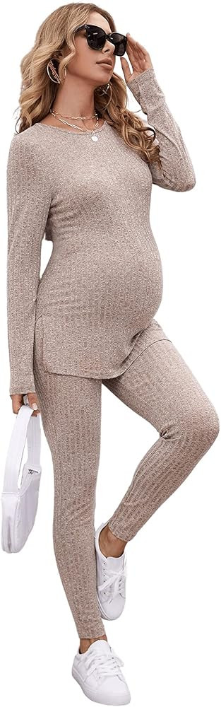 SOLY HUX Women's Maternity Sets 2 Piece Outfits Long Sleeve Split Hem Top and Adjustable Elastic ... | Amazon (US)